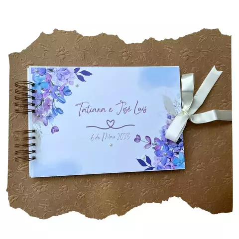 Caderno Assinaturas 15x21 A5 - Mensagens Casamento (Guestbook Livro) - Floral Lilás e Azul