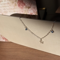 PULSEIRA PRATA 925 - ESTRELA VAZADA ZIRCONIAS CORAÇÃO AZUL - Nova Topázio