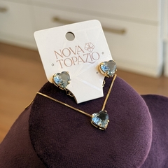 CONJUNTO CORAÇÃO 10MM AZUL PETRÓLEO (OURO) - Nova Topázio