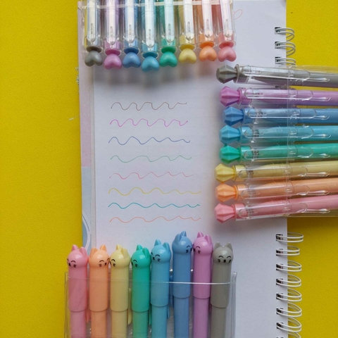 Kit 8 Canetas Coloridas Coração ou Gatinho