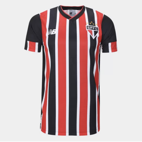 Camisa de torcedor do São Paulo FC 2024, com listras vermelhas, pretas e brancas, em design moderno. 
