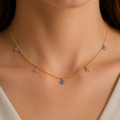 Collar Dijes de Flor con Cristales Dorado 47cm. - CCO041