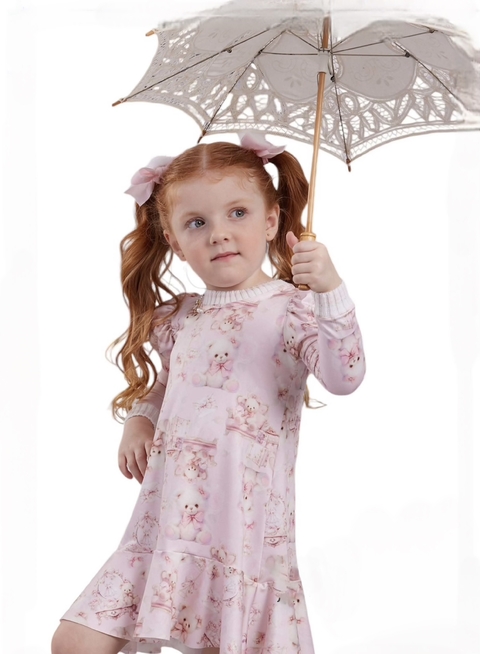 VESTIDO INFANTIL MENINA URSINHA CARTINHAS ROSA YOYO