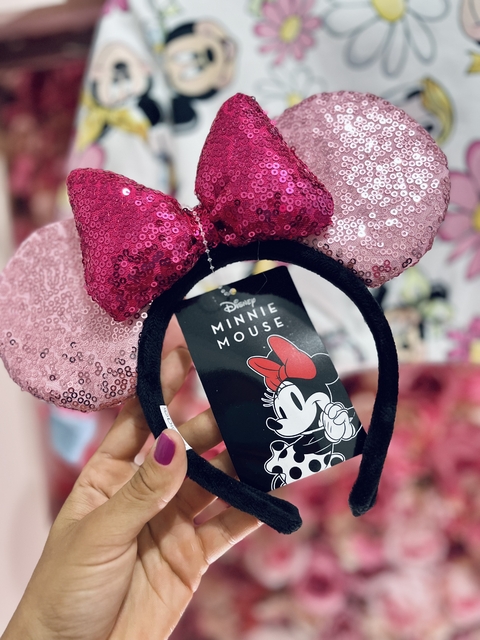 TIARA LAÇO PINK ORELHAS ROSA MINNIE PAETÊS DISNEY