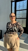 Body Manga Longa Floral Preto/Branco