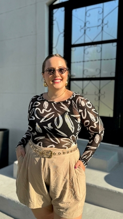 Body Manga Longa Floral Preto/Branco