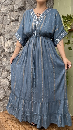 Imagem do Vestido boho com mangas azul petróleo