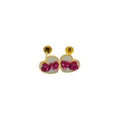 Aretes Broquel Corazón Blanco con corazones rosas Oro 10K