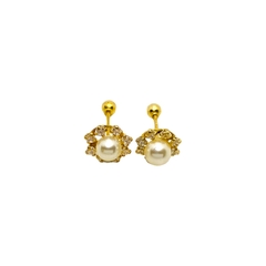 Aretes Broquel Perla con Zirconias Oro 10K