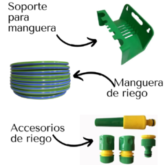MANGUERA RIEGO PLASTIRRABIT 1/2" X 25 MTS VIRGEN REFORZADA + SOPORTE DE MANGUERA + ACCESORIOS ( Combo 2)