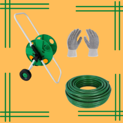 Combo Manguera De Riego 1/2¨x 25 mts Alta Resistencia + Carro Porta Manguera + Guantes Moteados.