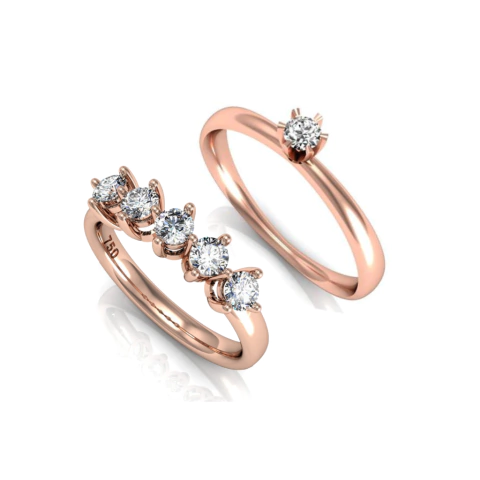 Meia Aliança Ouro Rosé 18k e 50 pontos de Diamantes Helô + Anel Solitário Ouro Rosé 18k e 10 Pontos de Diamante Kiss