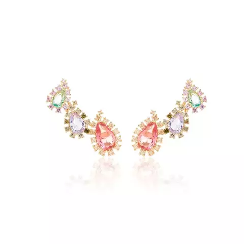 BRINCO EAR CUFF GOTAS CRISTAL TURMALINA ROSA, TANZANITA E PARAÍBA - BANHO OURO 18K - comprar online