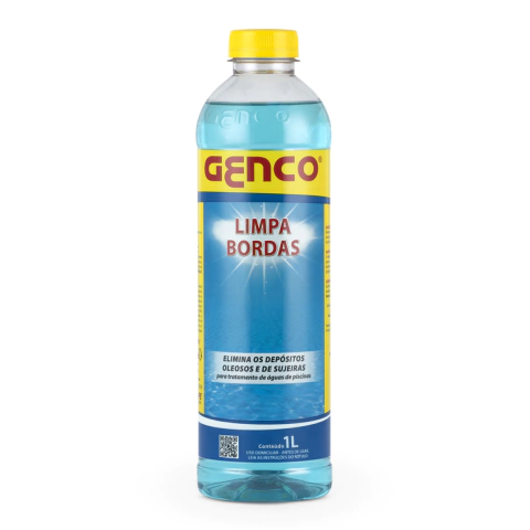 Garrafa de 1 litro do produto Limpa Bordas da marca Genco, com rótulo azul e amarelo, ideal para limpeza de bordas de piscinas.