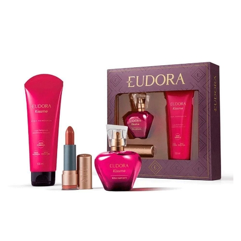 Kit Eudora Kis Me Rosa Marcante Colônia 50ml + Gidratante 100ml + Baton