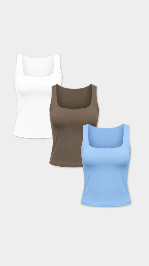 Kit 3 Regatas: Branca, Marrom e Azul
