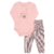 Conjunto bebê com body rosa de manga longa com estampa de ursinho e coelho com corações e calça estilosa estampada