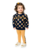 Conjunto infantil com blusão azul marinho com estampas de bolinhas douradas e a palavra "FLUFFY" em destaque, acompanhado de legging amarelo e tênis claros.