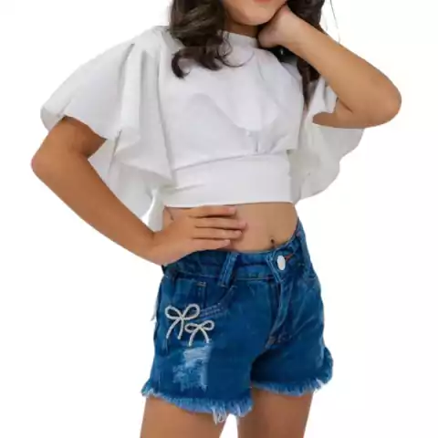 Short infantil jeans com aplicação de laço roupa de verão para menina tendência criança estiloso desfiado