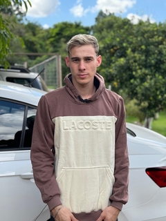 Blusa Moletom Lacoste Alto Relevo com bolso e capuz Bege com Marrom M3292