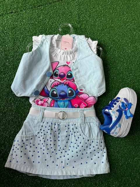 Conjunto Infantil Feminino 3 peças Stitch Azul com Branco M3603
