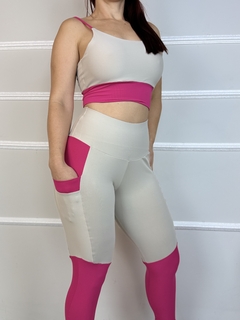 Conjunto de Calça em Poliamida Com Bolso Bicolor Top com Alça - Absoluta Moda Fitness
