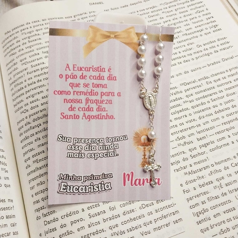 Cartão com mini terço Primeira Comunhão- Batizado - mínimo 10 unidades