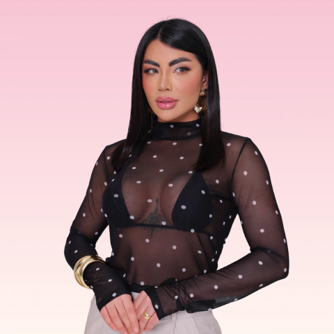 Blusinha de Tule | Segunda Pele | Manga Longa | Poá (bolinhas)