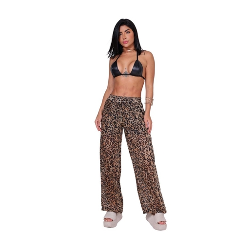Calça Pantalona Forrada Com Bolso Animal Print Estampa Onça Perna Larga