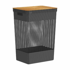 CESTO DE ROUPAS GRID C/ TAMPA BAMBU 49L PRETO