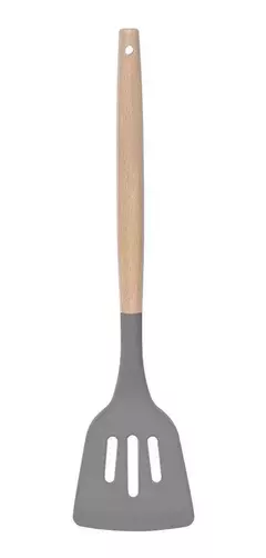 ESPÁTULA VAZADA CINZA SILICONE E CABO BAMBU