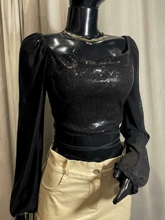 Cropped Paetê com Manga em Tule e Tiras