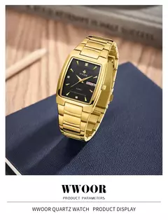 Relógios Masculinos de Luxo, Quartzo Dourado, Aço Inoxidável, WWOOR