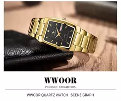 Relógios Masculinos de Luxo, Quartzo Dourado, Aço Inoxidável, WWOOR