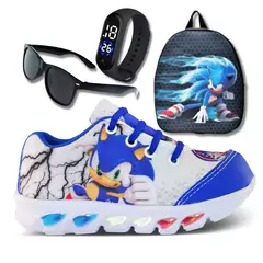 Imagem do tenis de led infantil masculino sonic com luzinha meninos mais mochila com relog