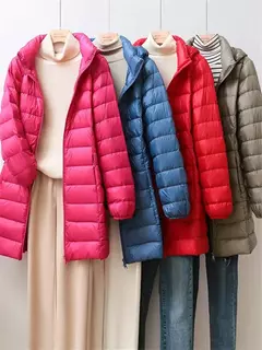 Casaco leve e comprido para baixo feminino, casaco puffer portátil, capuz remov - comprar online