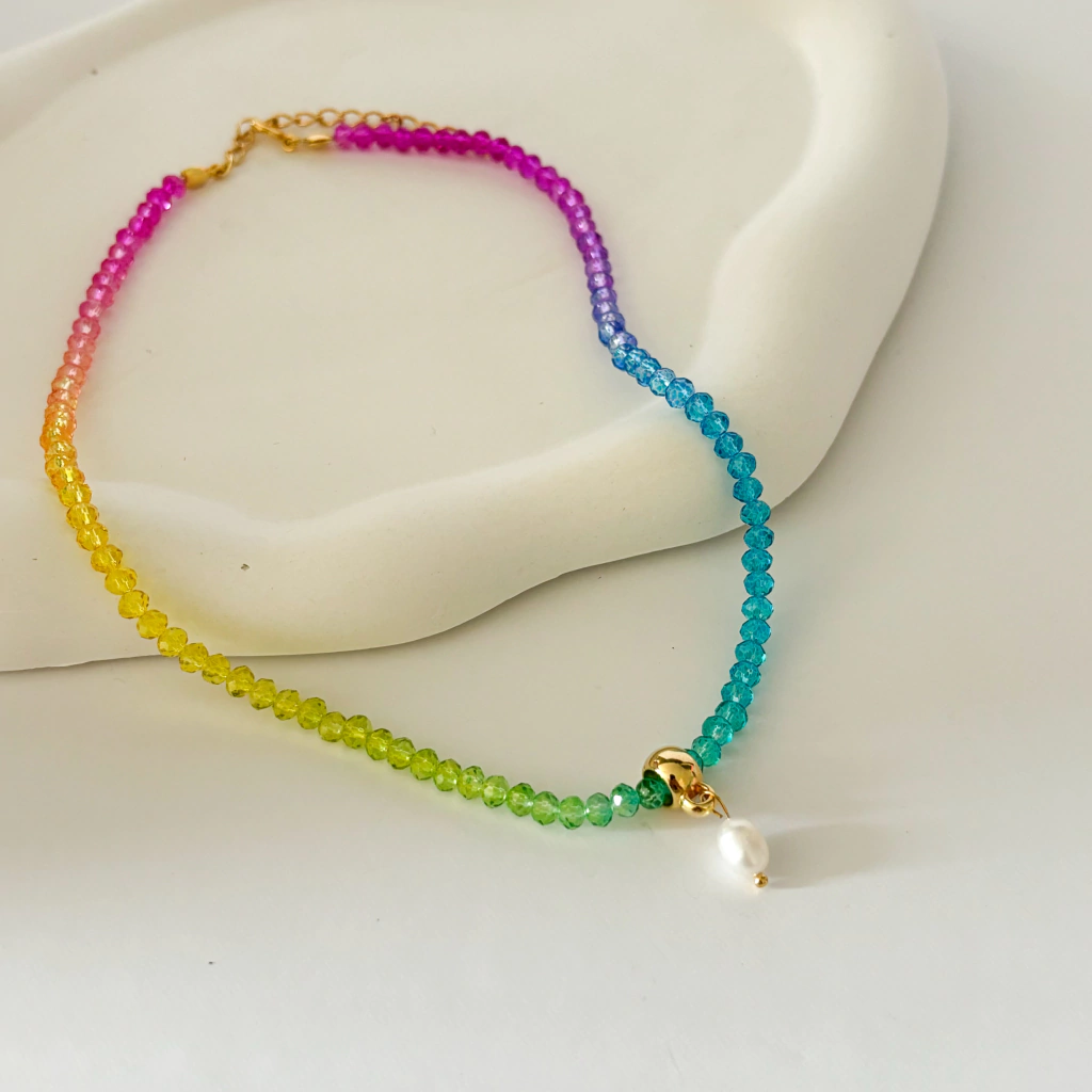 Choker Cristais Coloridos com Pérola de Água Doce