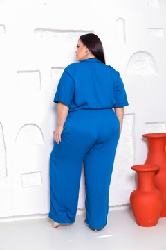 Conjunto Liso Calça Pantalona e Blusa Manga Curta com Botão Encapado (G2) - Sheila Modas Plus Size