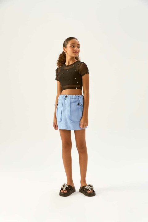 Blusa Cropped com Sobreposição em Tule Branco Vanilla Cream.