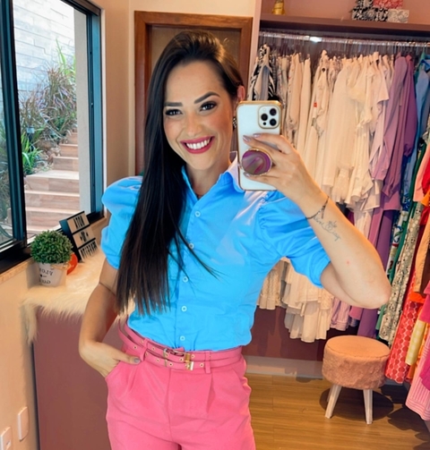 Camisa Princesa Manga Curta bufante Tricoline Azul Claro