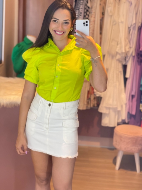 Camisa Princesa Manga Curta bufante Tricoline Verde Lima