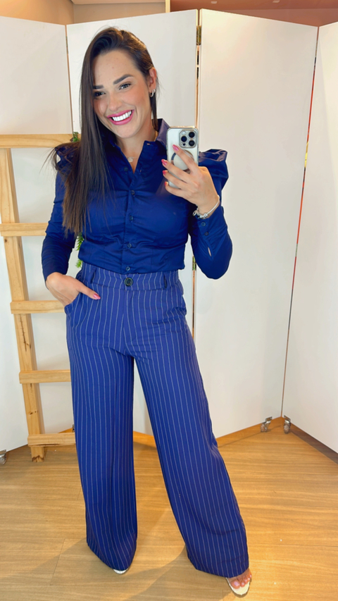 Calça Pantalona Risca de Giz Marinho