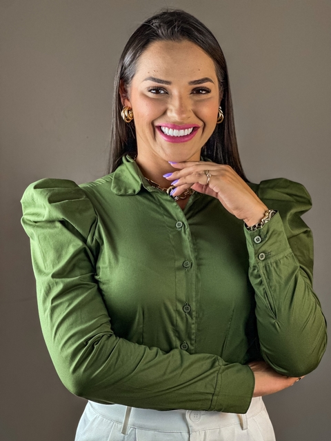 Camisa Princesa Manga Longa bufante Tricoline Verde Militar