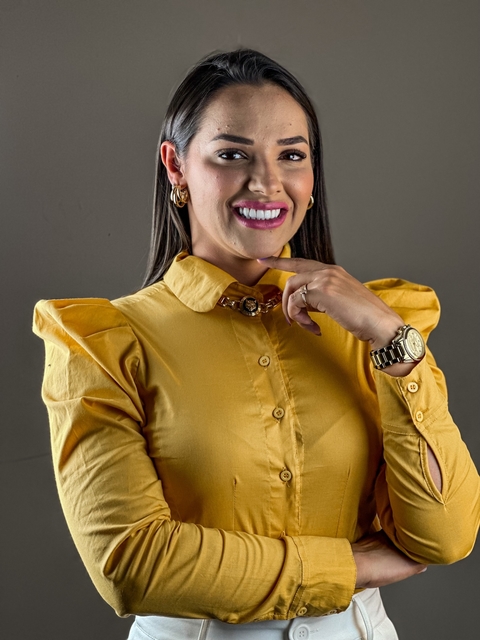 Camisa Princesa Manga Longa bufante Tricoline Mostarda