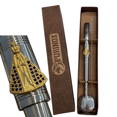 Bomba para Chimarrão 24cm Bojo com Rosca Bocal Duplo Aplique Banhado Imagem de Nossa Senhora Aparecida