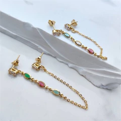 Brinco Fio Pino Duplo Pedras Losango Indie Banhado a Ouro