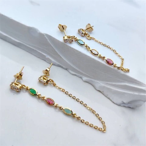 Brinco Fio Pino Duplo Pedras Losango Indie Banhado a Ouro