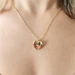 Colar Relicário Coração Zircônia Banhado a Ouro