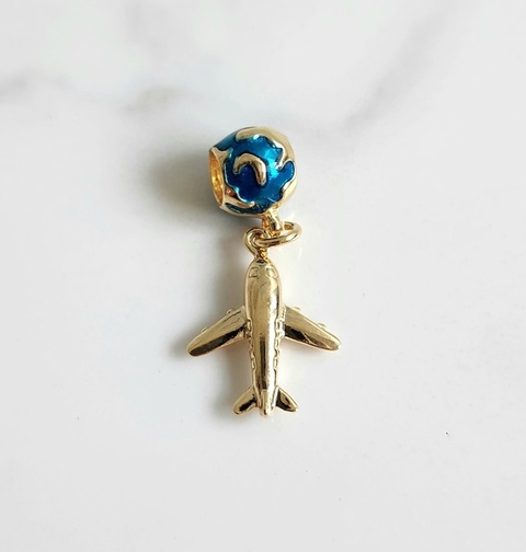 Berloque Globo Avião Banhado a Ouro