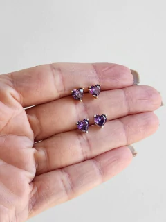 Brinco Coração Pedra Lavanda Charm Banhado